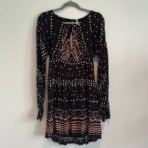 Free people dress, long cuffed sleeves, open back, key hole front tie